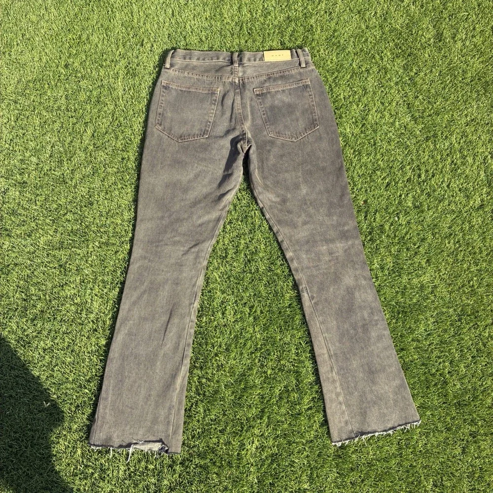 MNML Mens 31x31 Washed Dark Gray Flared Denim Jeans Raw Hem Button Fly